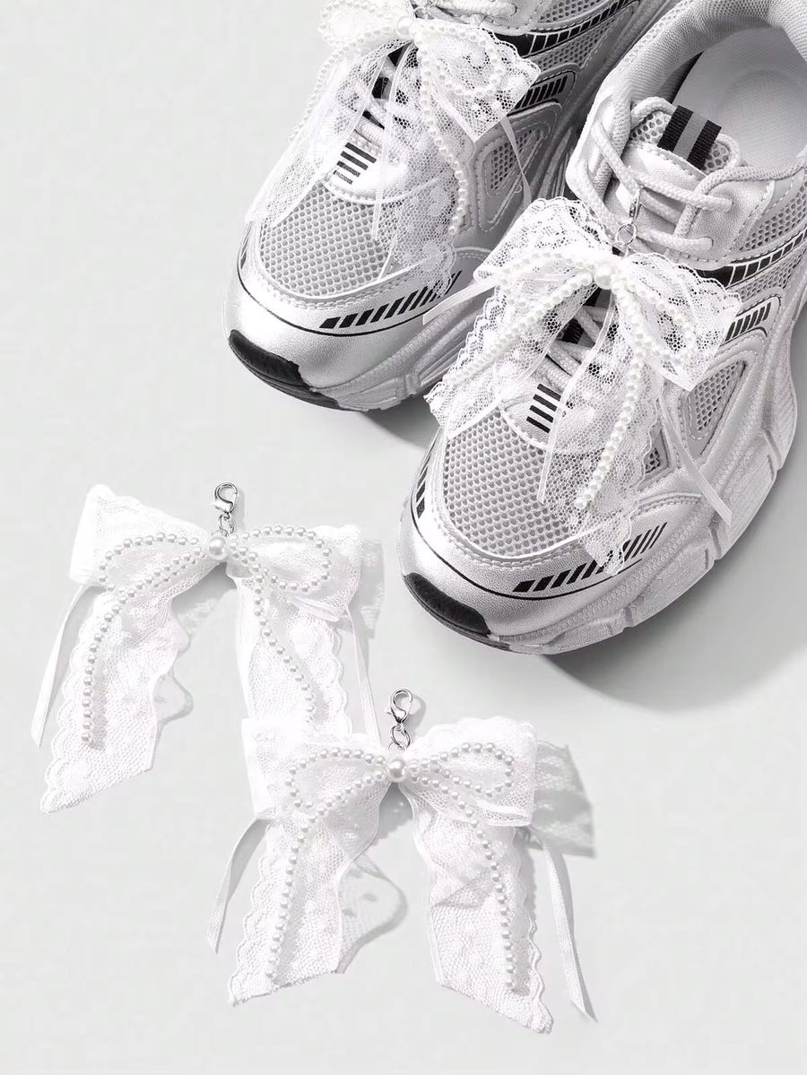 ROMWE Kawaii 2pcs/Set Korean Simple & Delicate White Faux Pearl Beaded Lace Bow Shoe Charm Clips, Fashionable Accessories, Suitable For Women Daily Wear And Gifts
