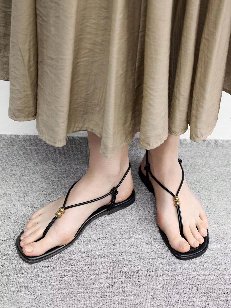 CUCCOO BIZCHIC Ladies Spring And Summer Models, Gold Bead Decoration, Knotted Thin Straps, Toes, Flat Bottom, Casual Daily, Black Sandals.